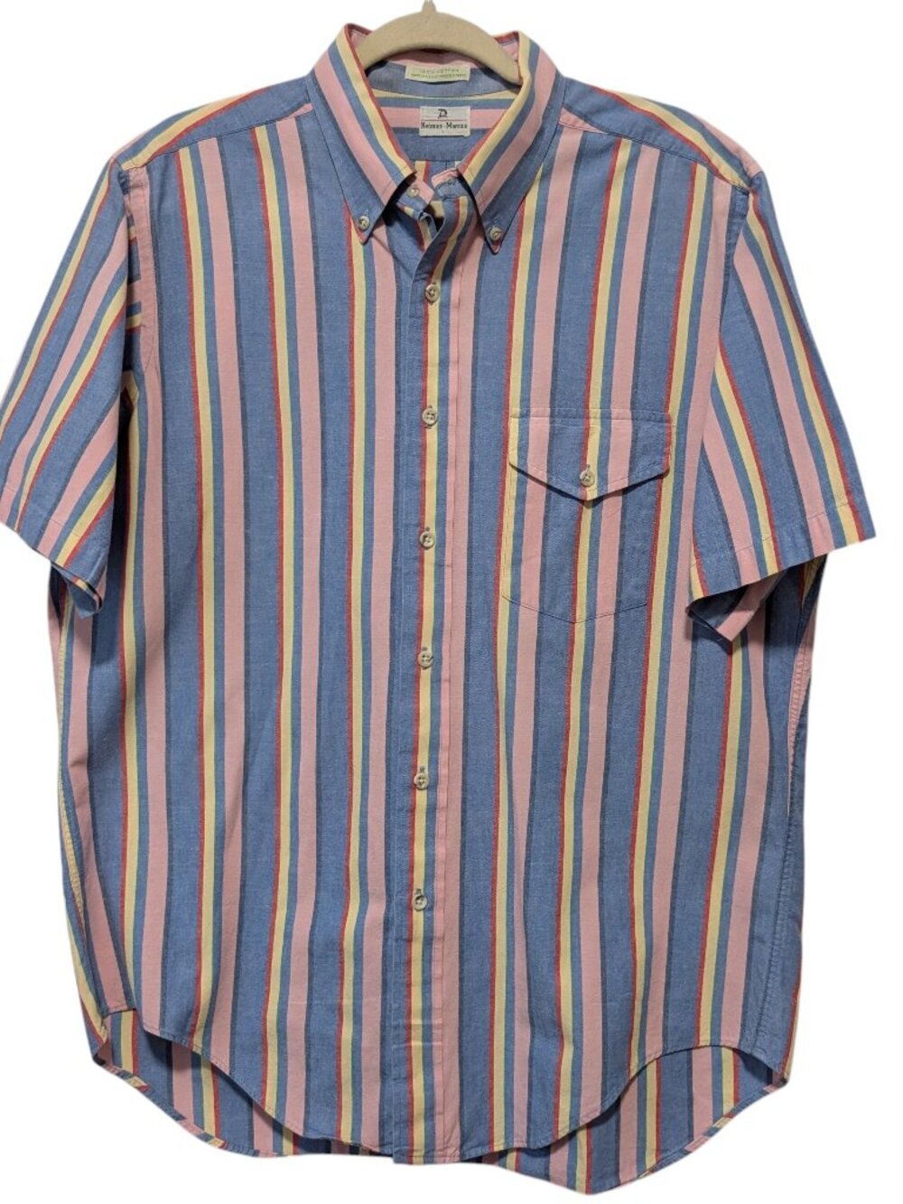Vintage Neiman Marcus Mens Sz L Pink Blue Yellow Stripe Cotton S/S Button Shirt